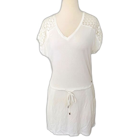 Calvin Klein Womens Crochet Shoulder Tunic Cover Up Drawstring Dress Sz S/M - Picture 2 of 8